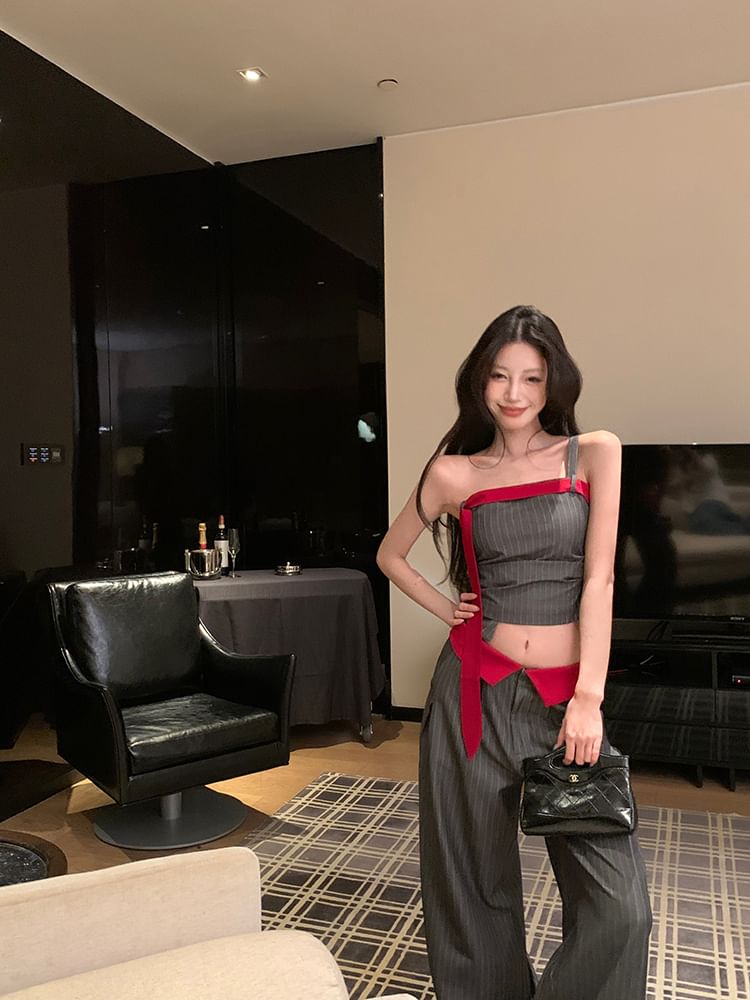 One-Shoulder Ruched Camisole with Pencil Skirt and Wide-Leg Pants