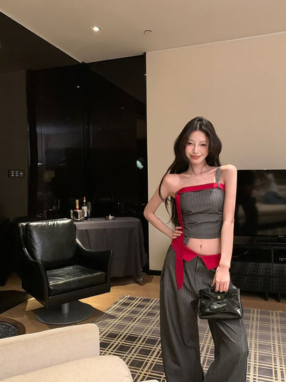 One-Shoulder Ruched Camisole with Pencil Skirt and Wide-Leg Pants