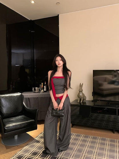 One-Shoulder Ruched Camisole with Pencil Skirt and Wide-Leg Pants