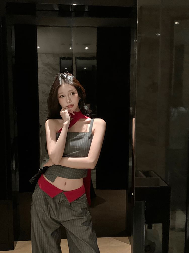 One-Shoulder Ruched Camisole with Pencil Skirt and Wide-Leg Pants