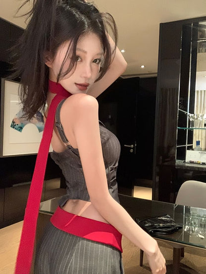 One-Shoulder Ruched Camisole with Pencil Skirt and Wide-Leg Pants