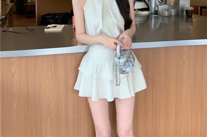 Satin Halterneck Blouse Set with Ruffled Tiered Mini Skirt