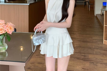 Satin Halterneck Blouse Set with Ruffled Tiered Mini Skirt