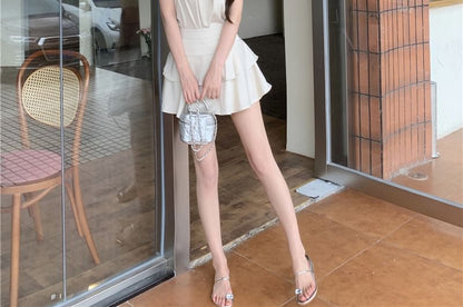 Satin Halterneck Blouse Set with Ruffled Tiered Mini Skirt