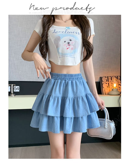 Tiered Elastic-Waist Denim A-Line Skirt