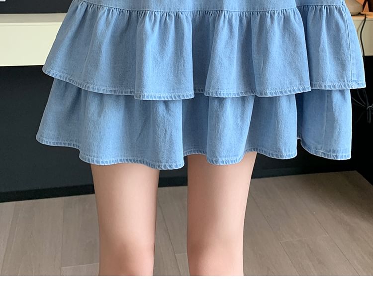 Tiered Elastic-Waist Denim A-Line Skirt