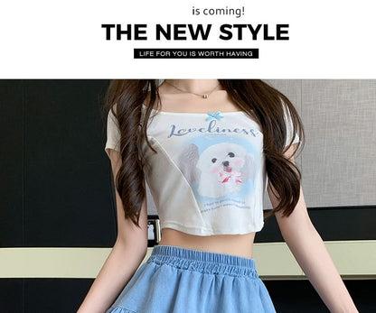 Tiered Elastic-Waist Denim A-Line Skirt