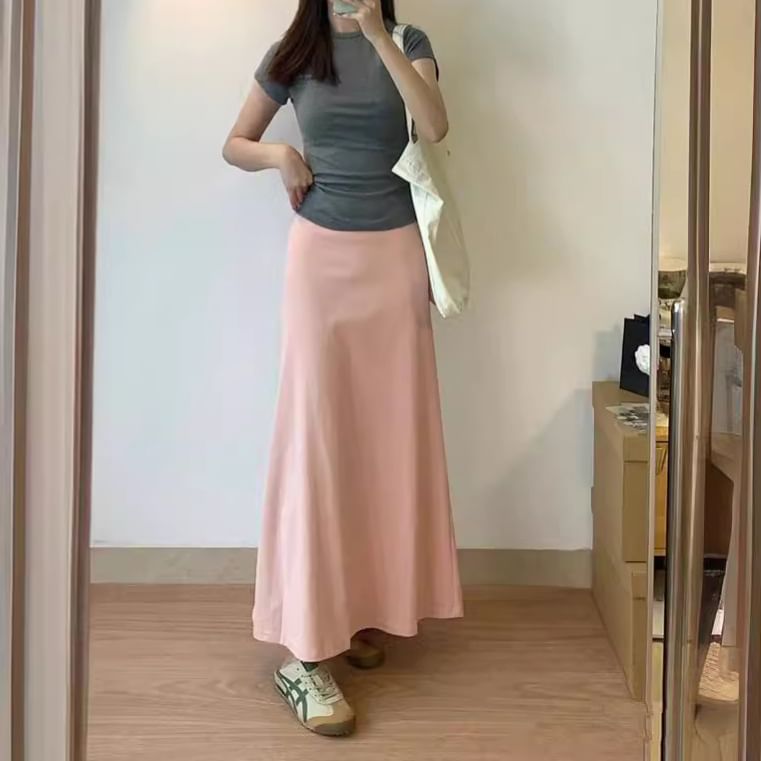 Plain High-Rise A-Line Maxi Skirt