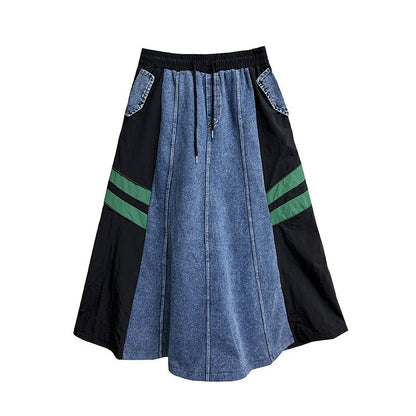 Denim Paneled Maxi Flared Skirt with High Waist