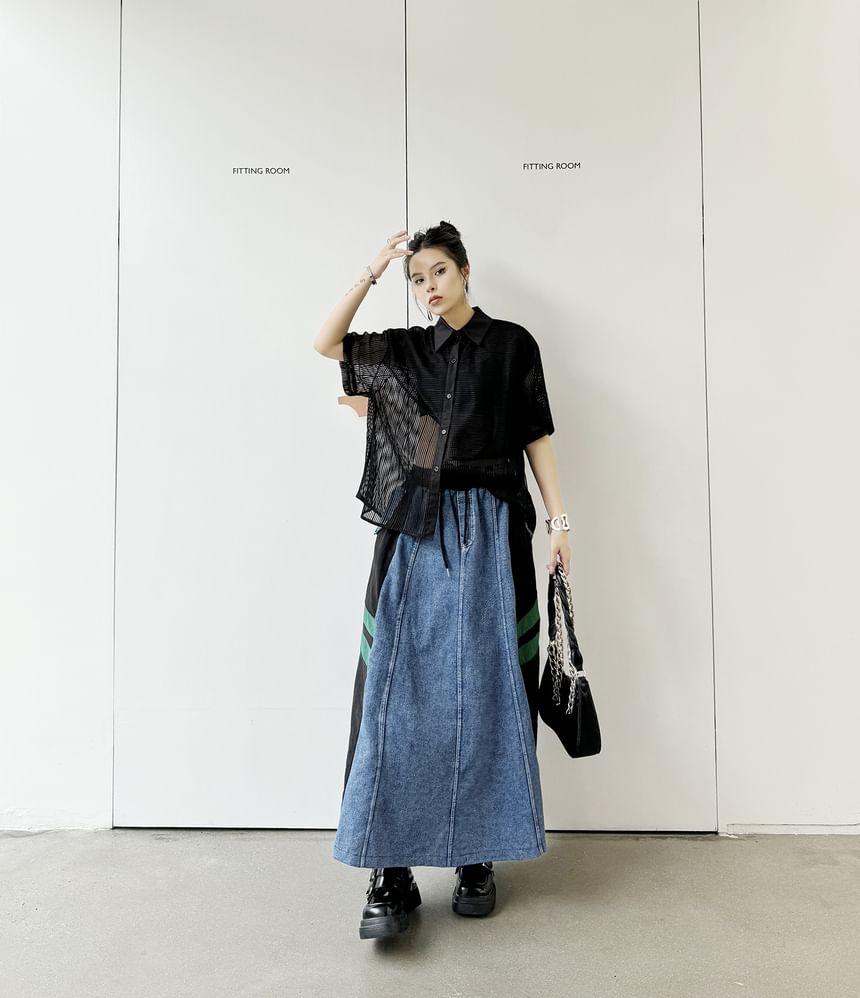 Denim Paneled Maxi Flared Skirt with High Waist