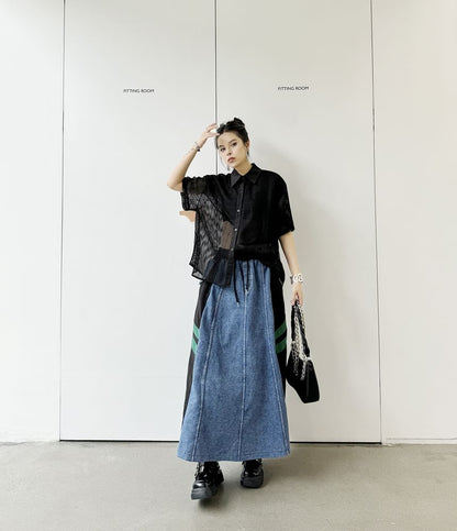 Denim Paneled Maxi Flared Skirt with High Waist