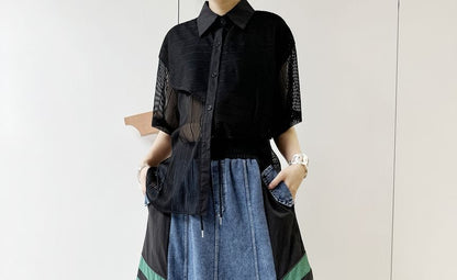 Denim Paneled Maxi Flared Skirt with High Waist
