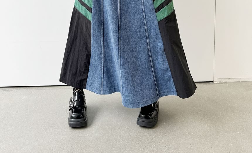 Denim Paneled Maxi Flared Skirt with High Waist