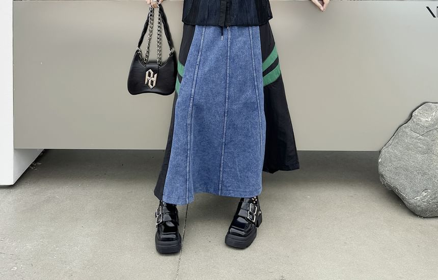 Denim Paneled Maxi Flared Skirt with High Waist