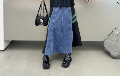 Denim Paneled Maxi Flared Skirt with High Waist