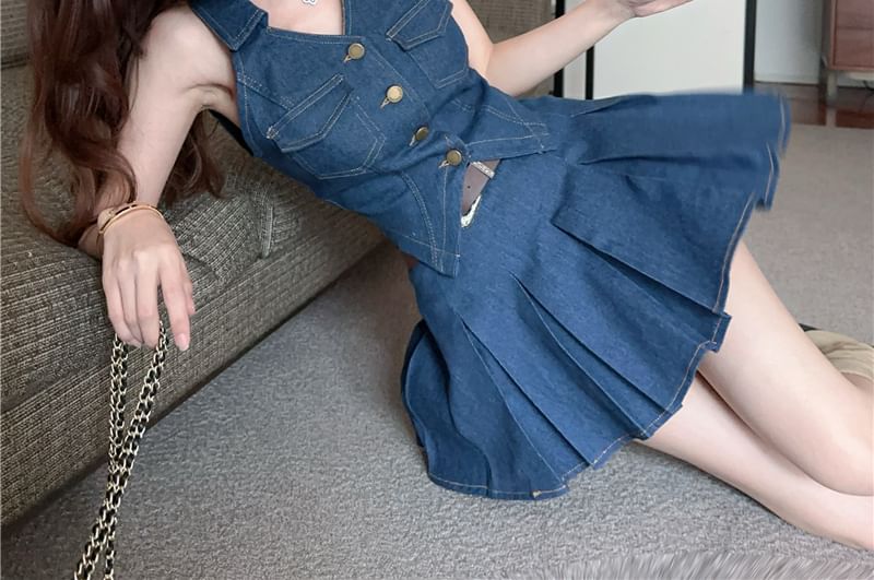 Denim Collarless Crop Top with Pleated Mini Skirt