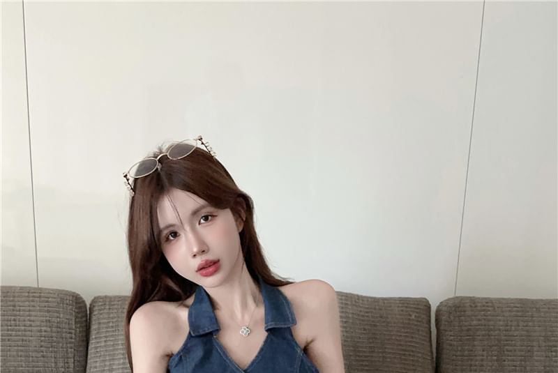 Denim Collarless Crop Top with Pleated Mini Skirt