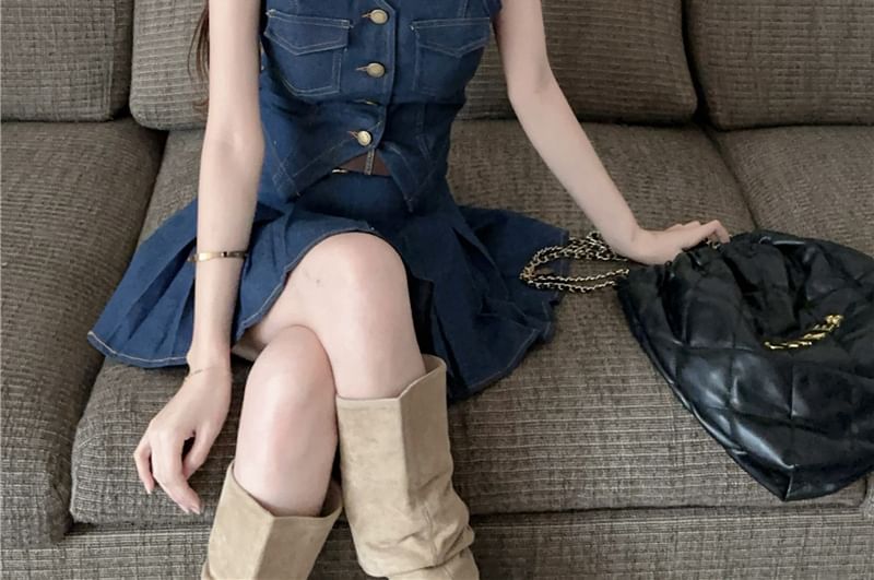 Denim Collarless Crop Top with Pleated Mini Skirt