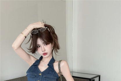 Denim Collarless Crop Top with Pleated Mini Skirt
