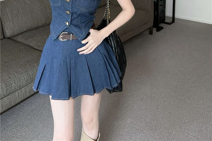 Denim Collarless Crop Top with Pleated Mini Skirt