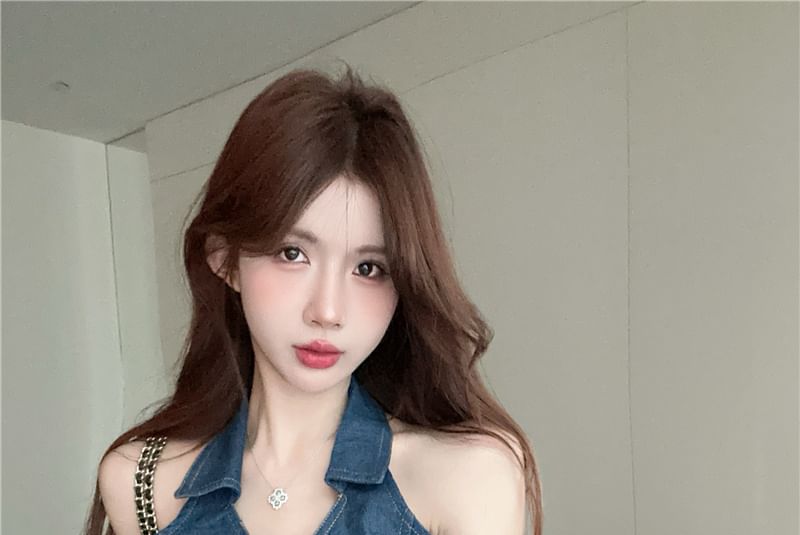 Denim Collarless Crop Top with Pleated Mini Skirt