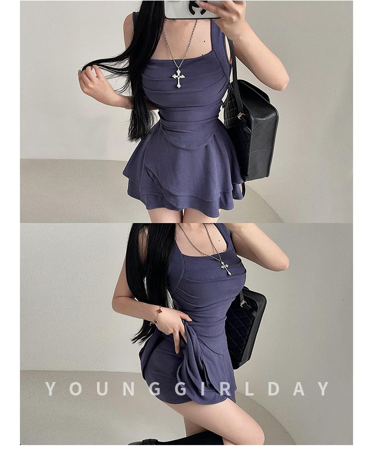Square-Neck Ruched Tank Top Set with Tiered Mini Skirt