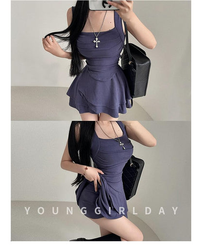 Square-Neck Ruched Tank Top Set with Tiered Mini Skirt