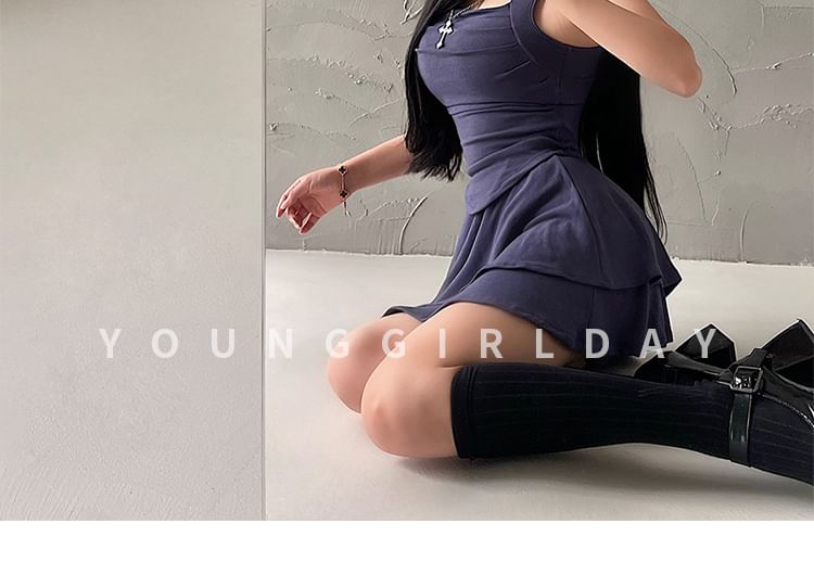 Square-Neck Ruched Tank Top Set with Tiered Mini Skirt