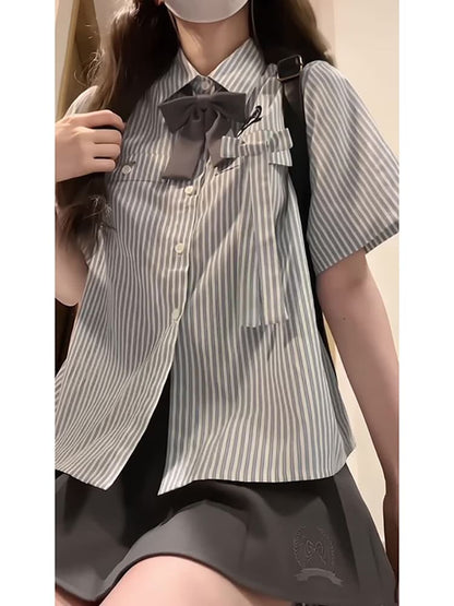 Striped Short-Sleeve Shirt with High-Rise A-Line Skirt