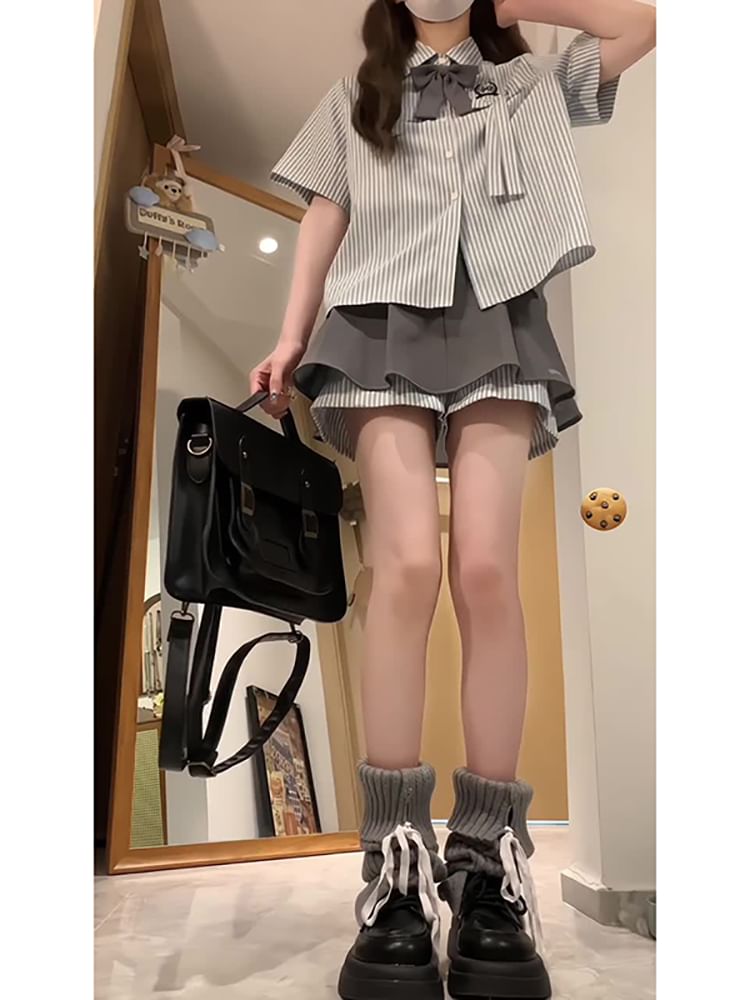 Striped Short-Sleeve Shirt with High-Rise A-Line Skirt