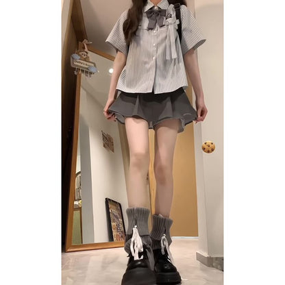Striped Short-Sleeve Shirt with High-Rise A-Line Skirt