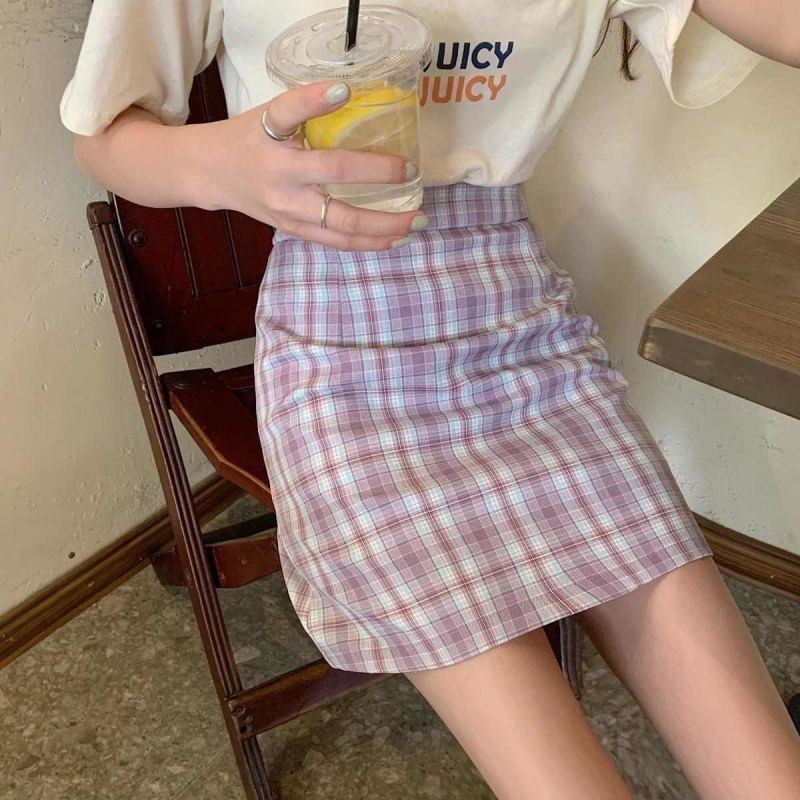 Plaid High-Waist Pencil Mini Skirt