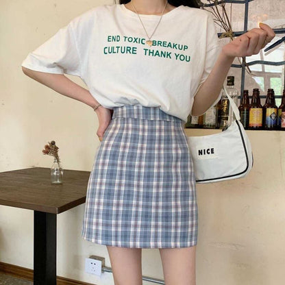 Plaid High-Waist Pencil Mini Skirt