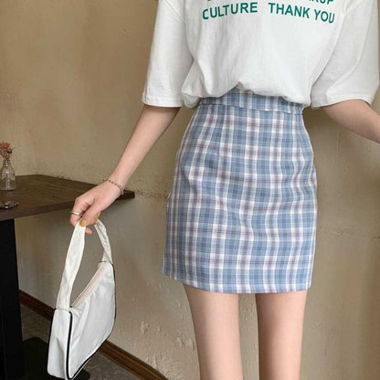 Plaid High-Waist Pencil Mini Skirt