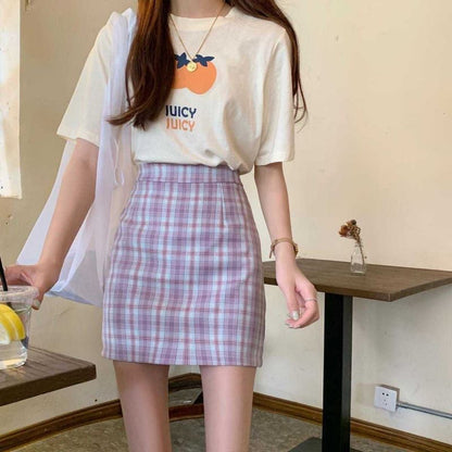 Plaid High-Waist Pencil Mini Skirt