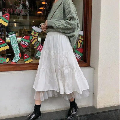 Lace Asymmetrical High-Waist Midi A-Line Skirt