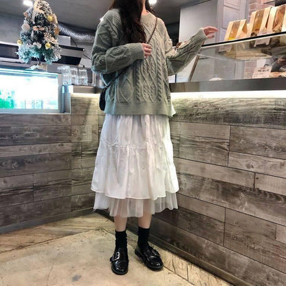 Lace Asymmetrical High-Waist Midi A-Line Skirt