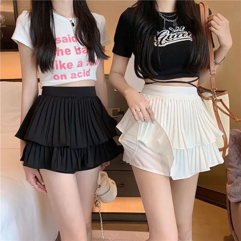 Plain High-Waist Tiered Mini Skirt