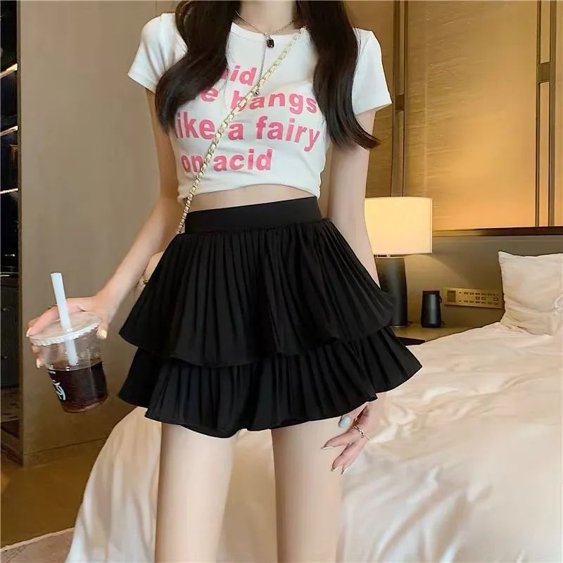 Plain High-Waist Tiered Mini Skirt