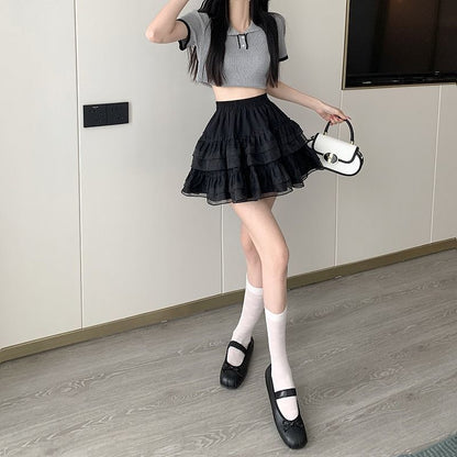 Plain High-Rise Tiered Mini Skirt