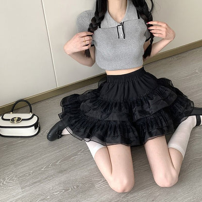 Plain High-Rise Tiered Mini Skirt