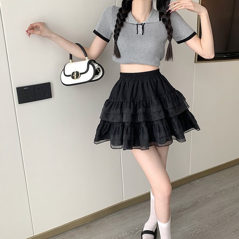 Plain High-Rise Tiered Mini Skirt