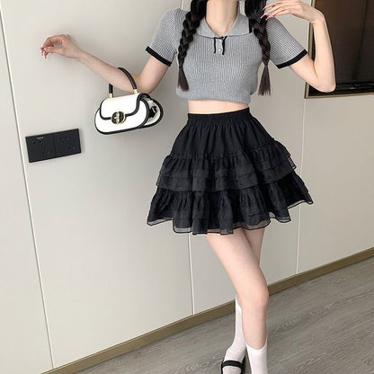 Plain High-Rise Tiered Mini Skirt