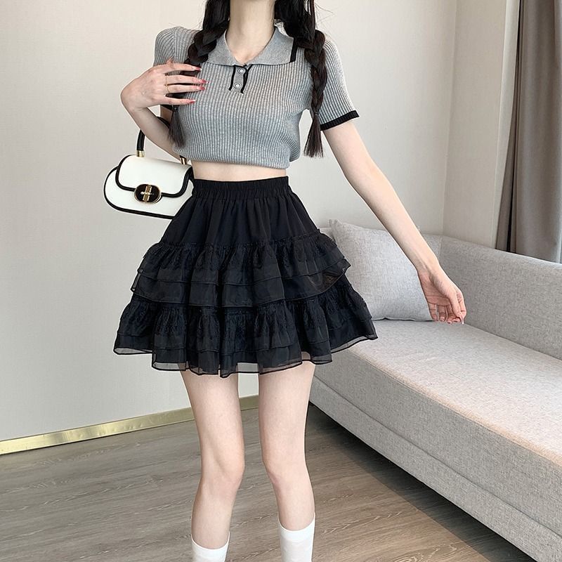 Plain High-Rise Tiered Mini Skirt