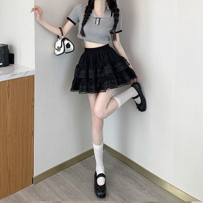 Plain High-Rise Tiered Mini Skirt