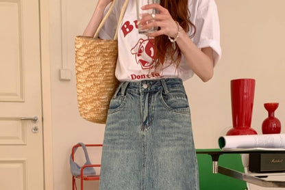 Washed Slit High-Rise Denim Midi A-Line Skirt