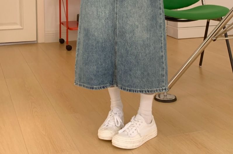 Washed Slit High-Rise Denim Midi A-Line Skirt
