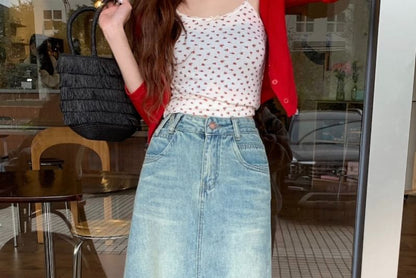 Washed Slit High-Rise Denim Midi A-Line Skirt