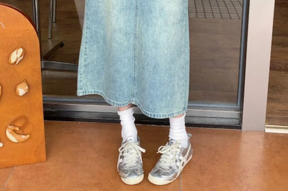 Washed Slit High-Rise Denim Midi A-Line Skirt