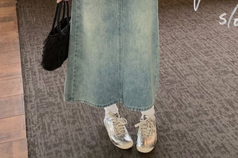 Washed Slit High-Rise Denim Midi A-Line Skirt